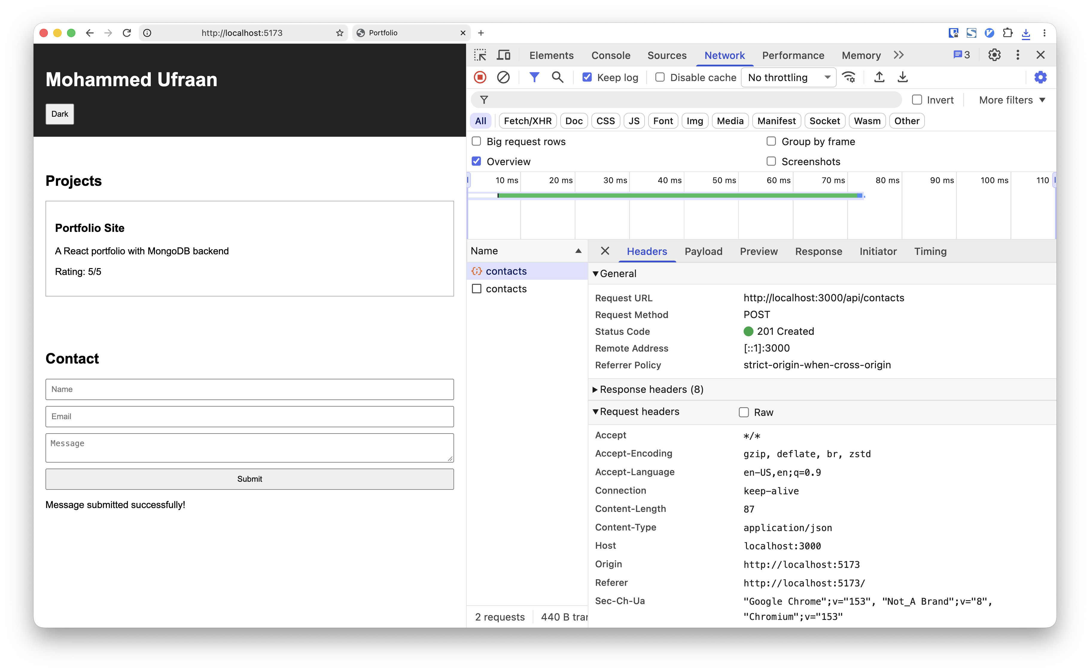 Network tab — POST /api/contacts on form submit