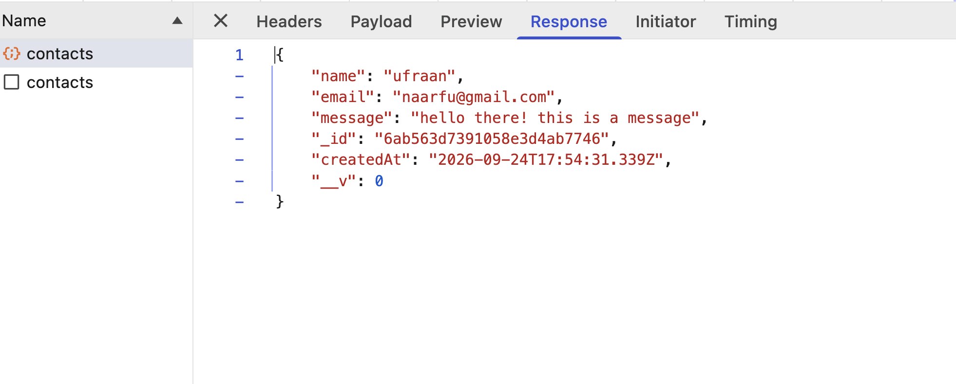POST /api/contacts response — name, email, message, _id, createdAt