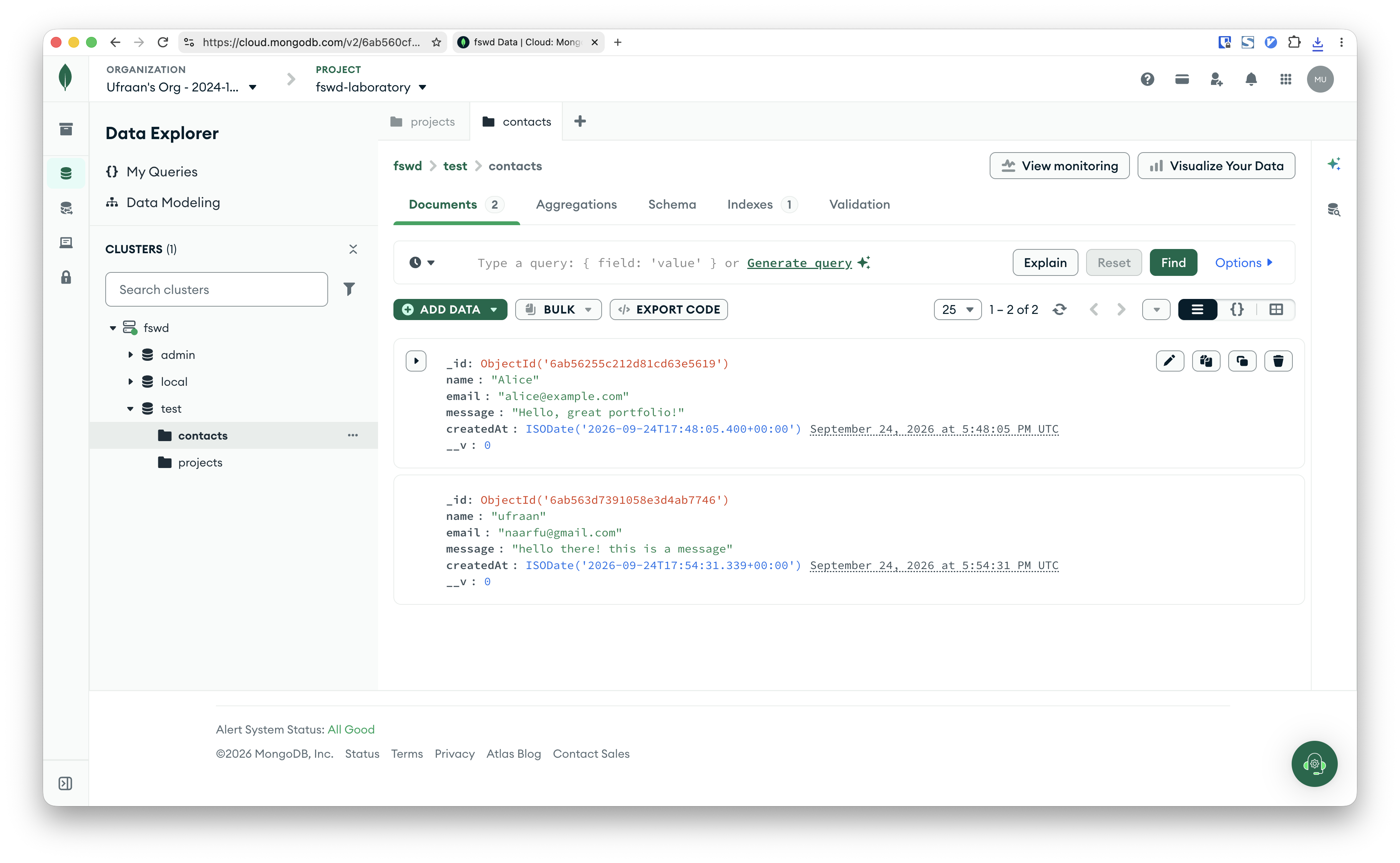 MongoDB Atlas — contacts collection