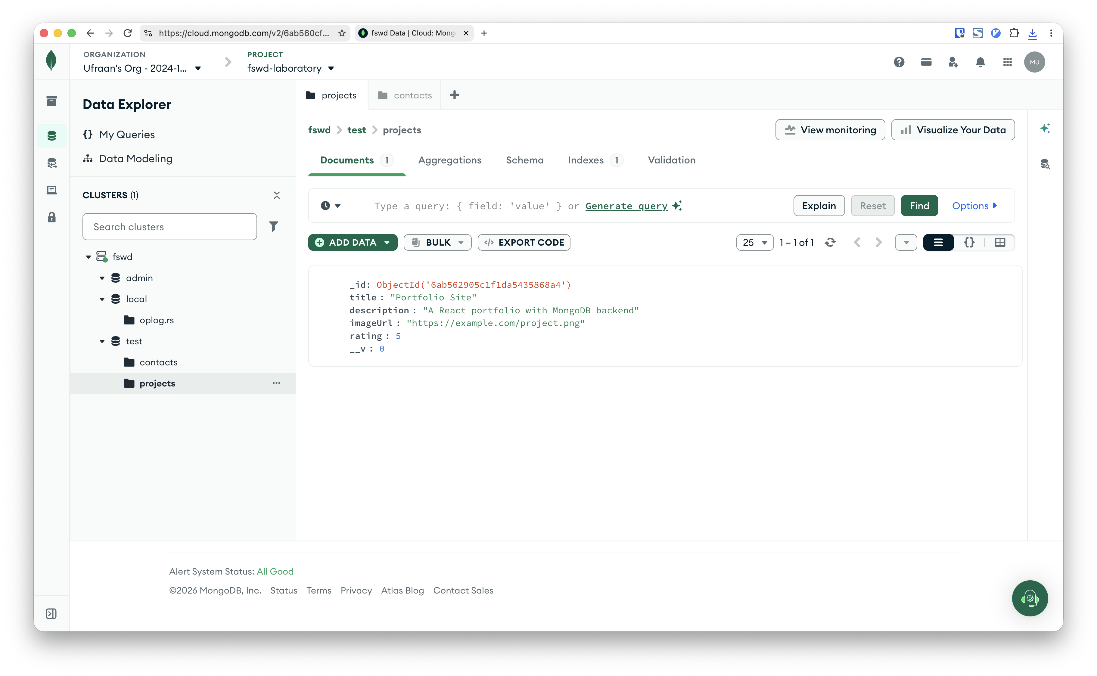 MongoDB Atlas — projects collection