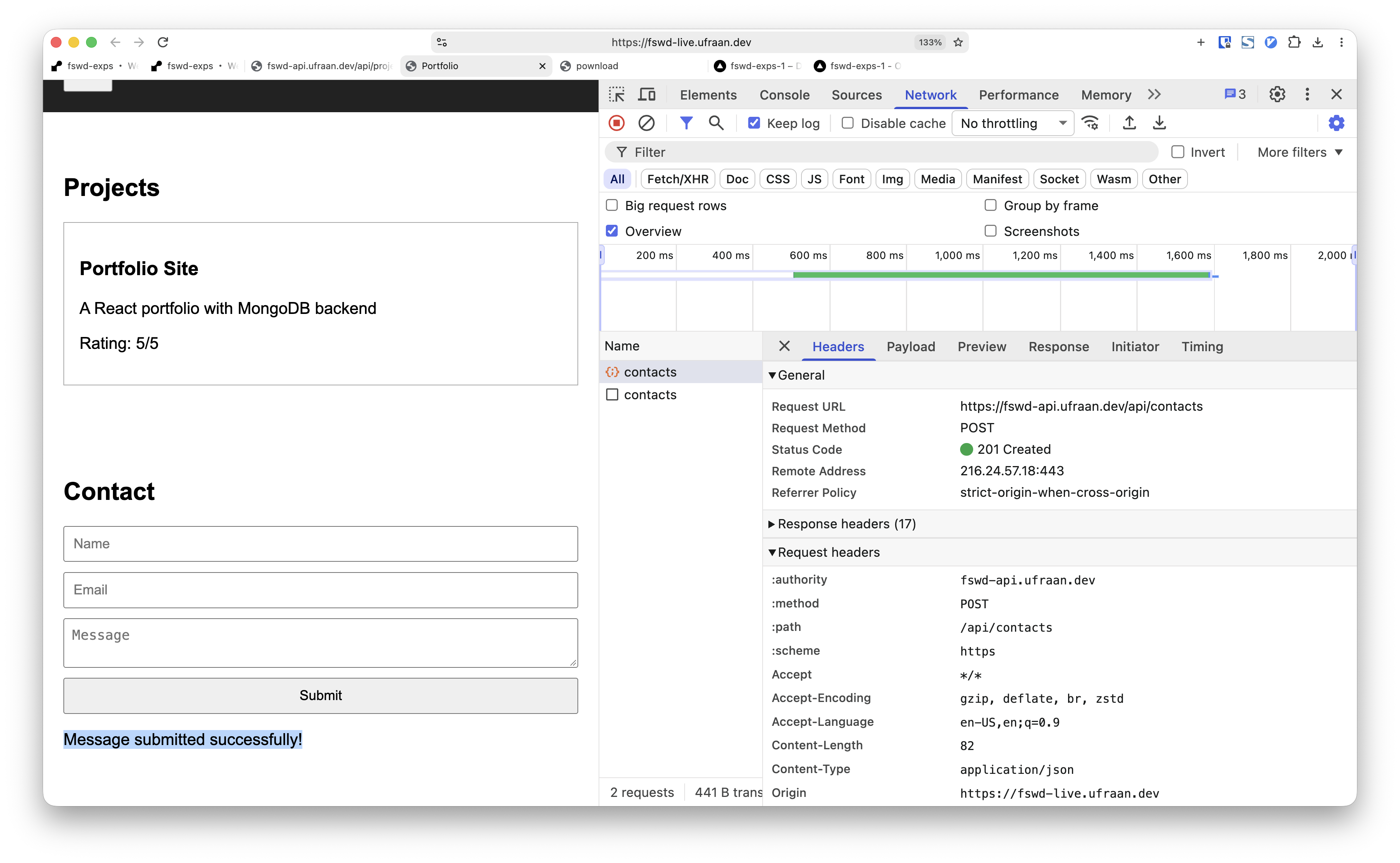 Contact form submitted successfully on deployed site