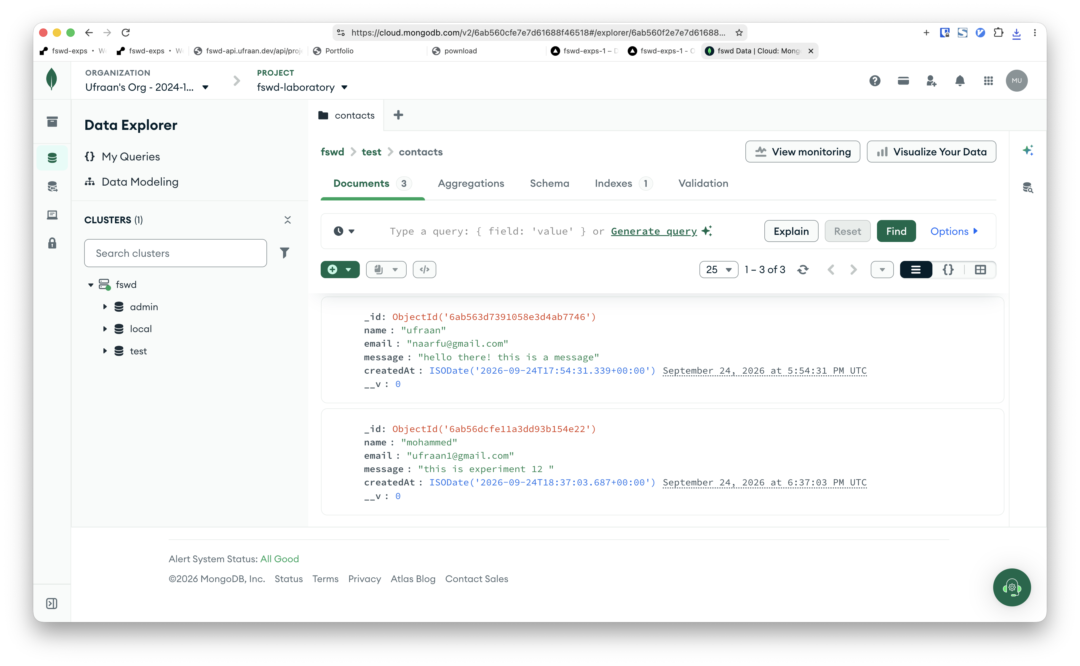 MongoDB Atlas — contacts collection with submitted doc