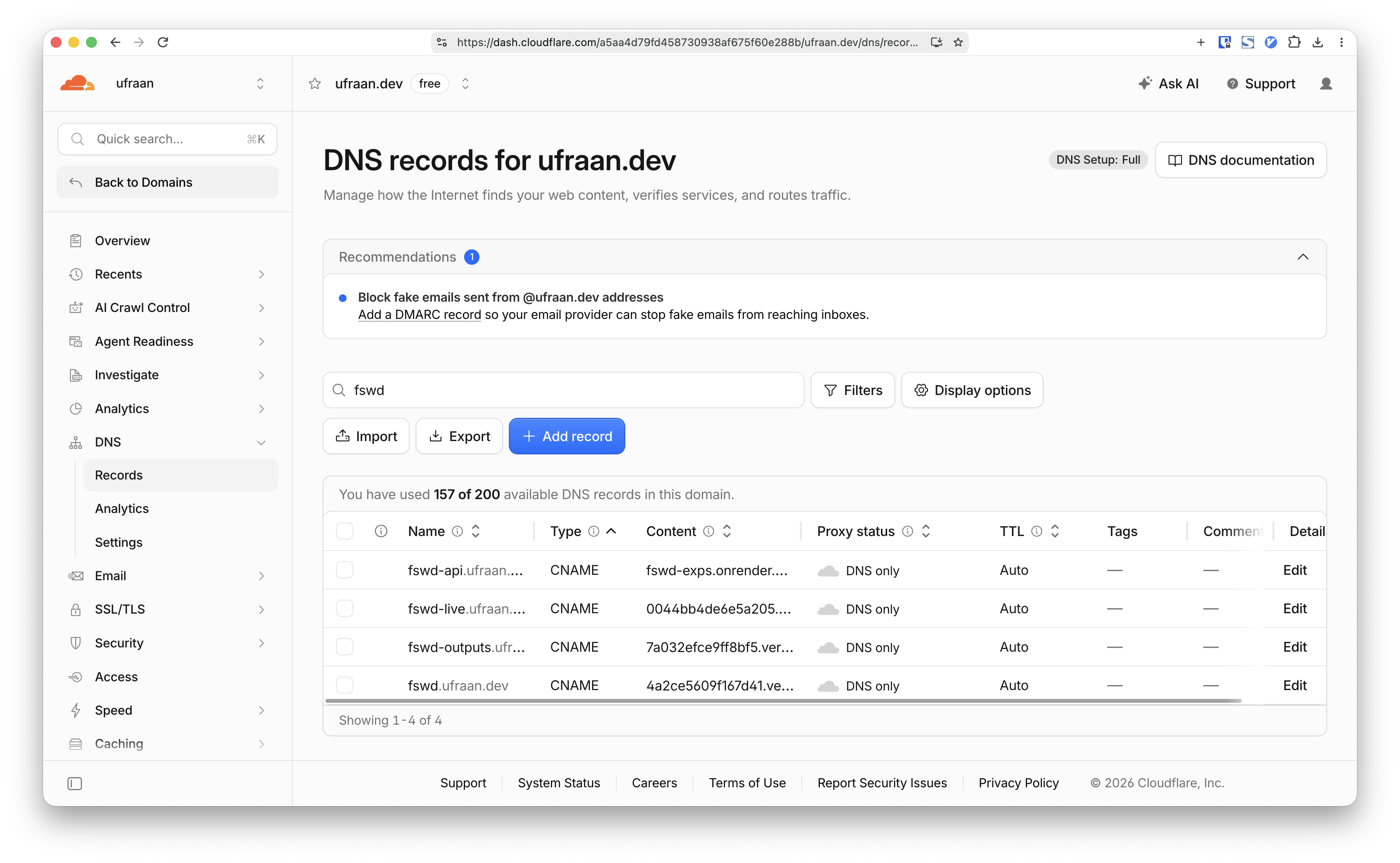 Cloudflare DNS — fswd-api and fswd-live records