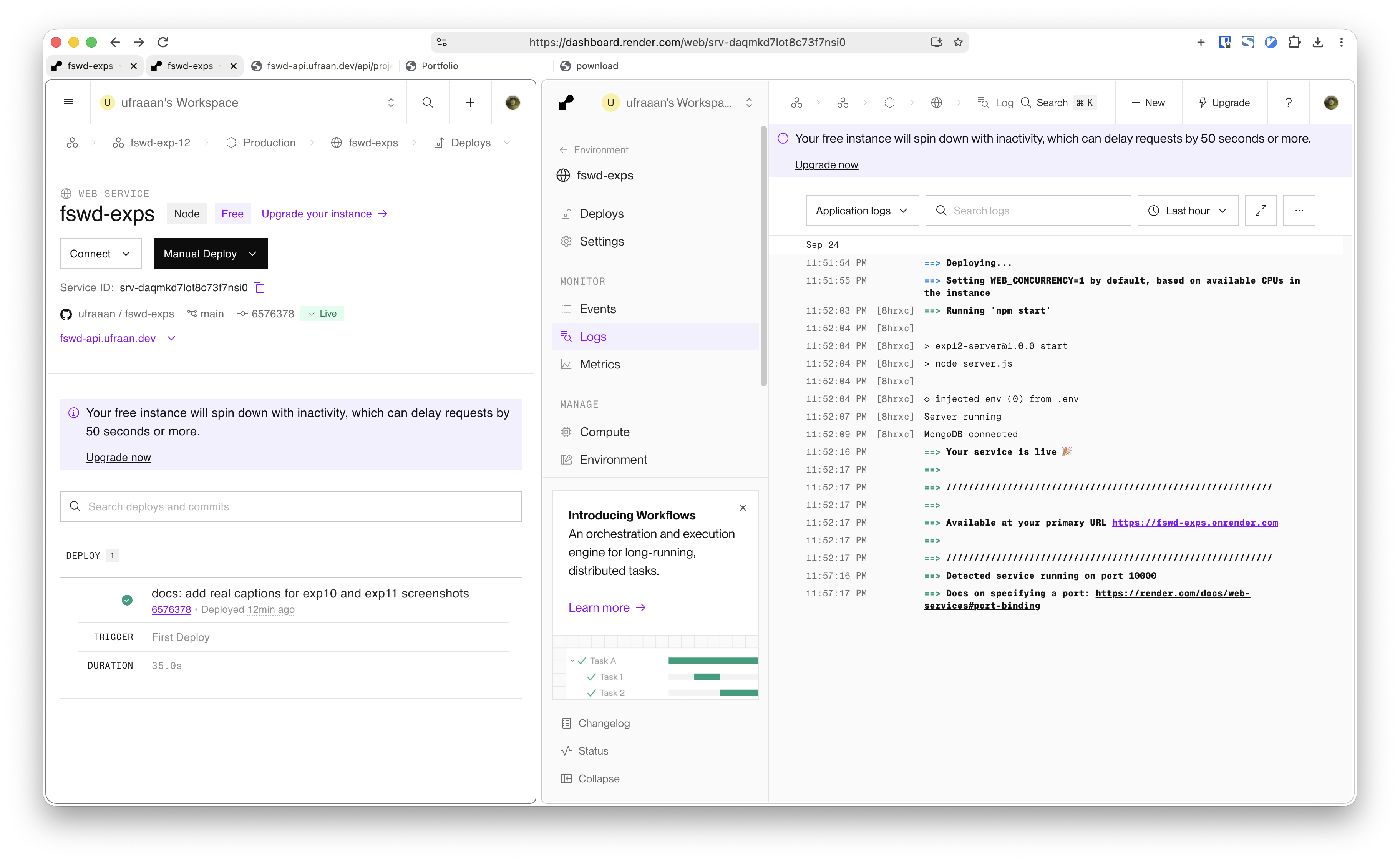 Render dashboard — build and start commands and env vars