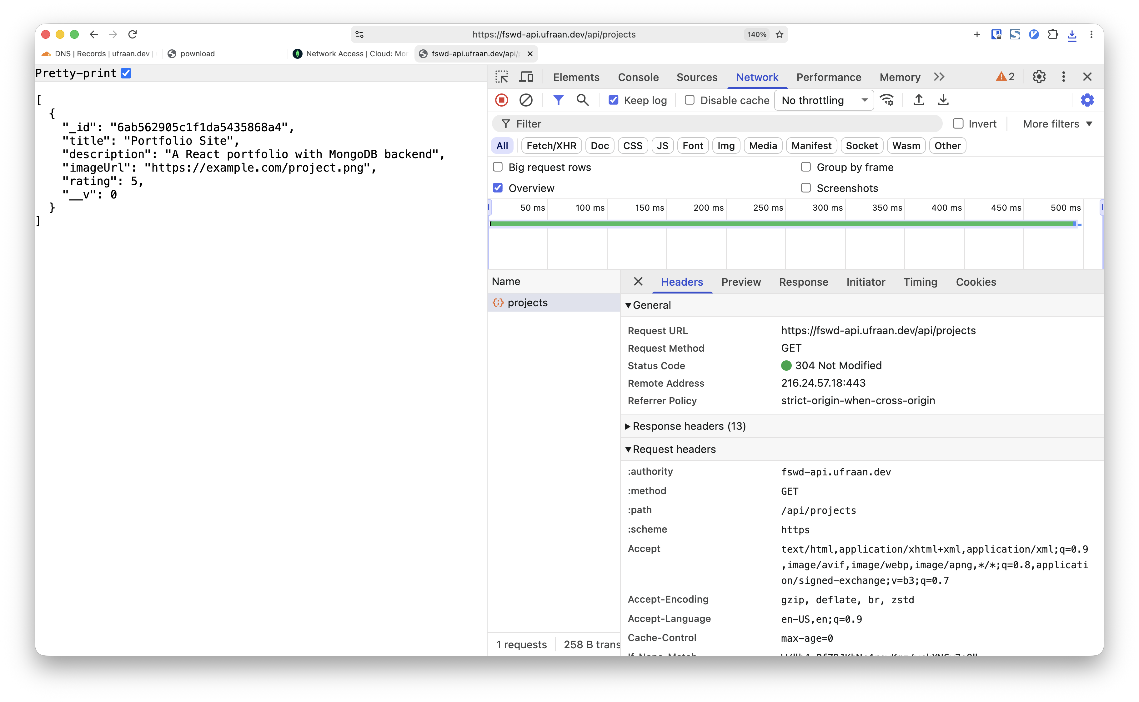 Browser — fswd-api.ufraan.dev/api/projects JSON