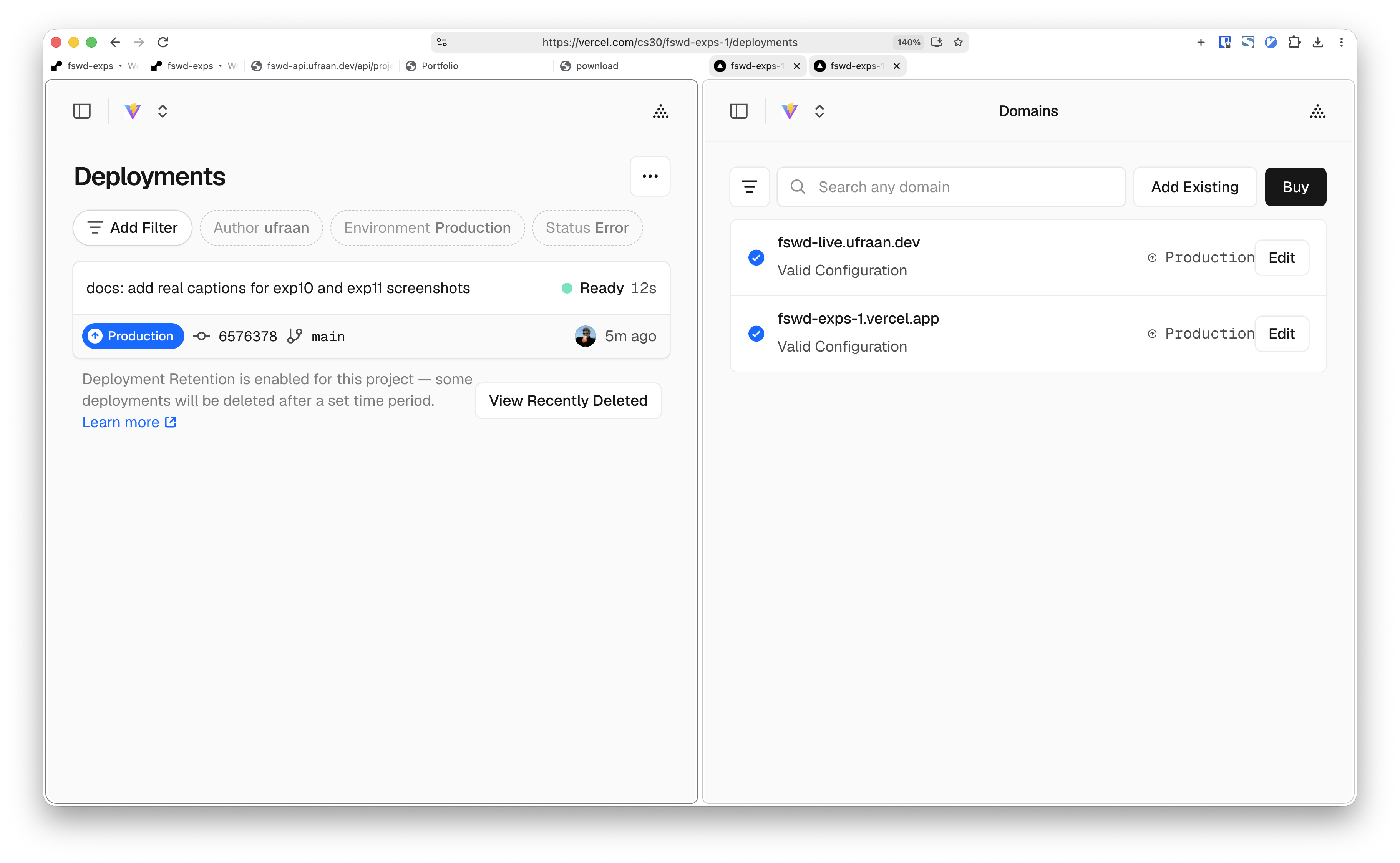 Vercel dashboard — deploy and custom domain