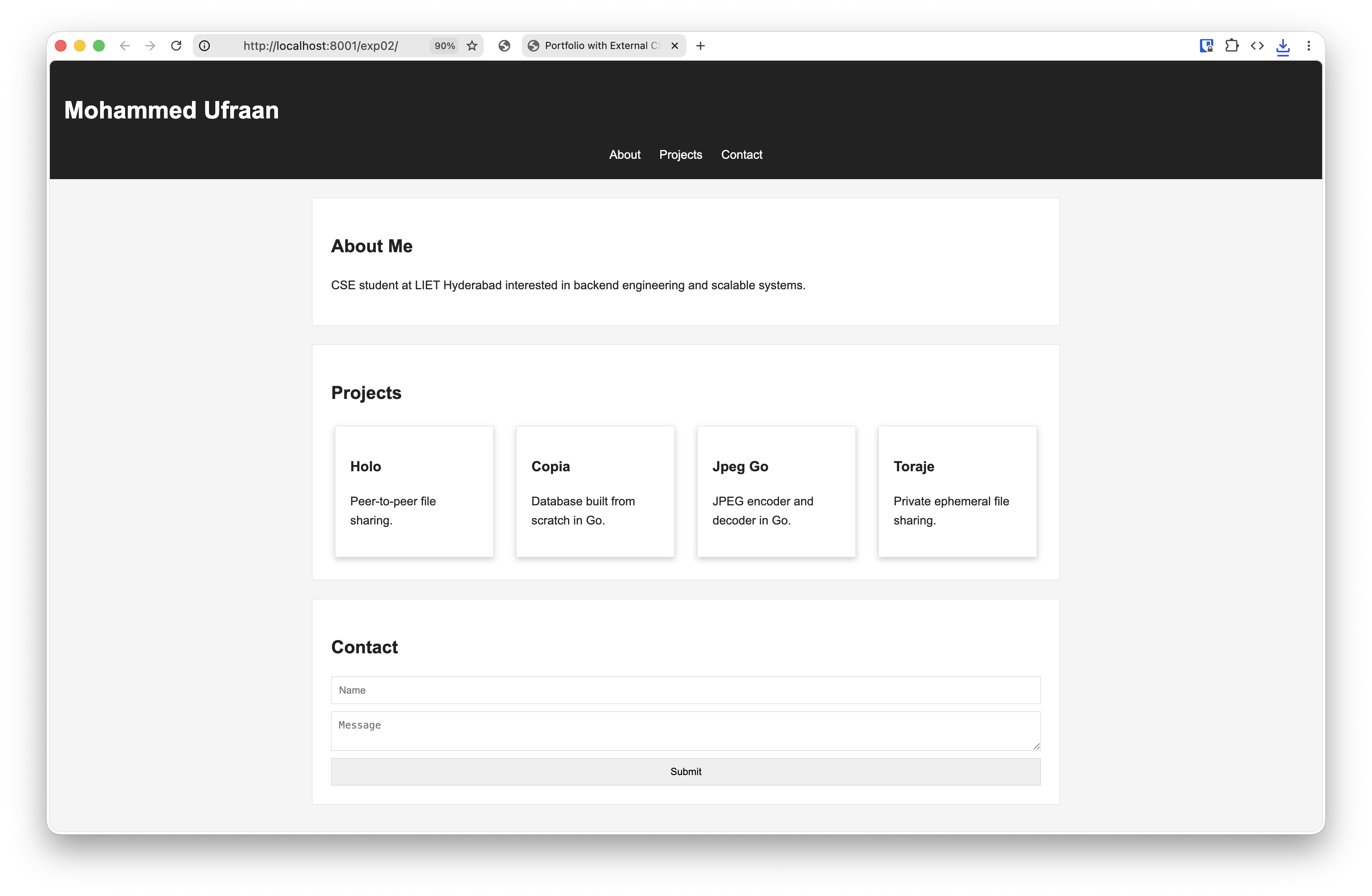 Portfolio page with CSS