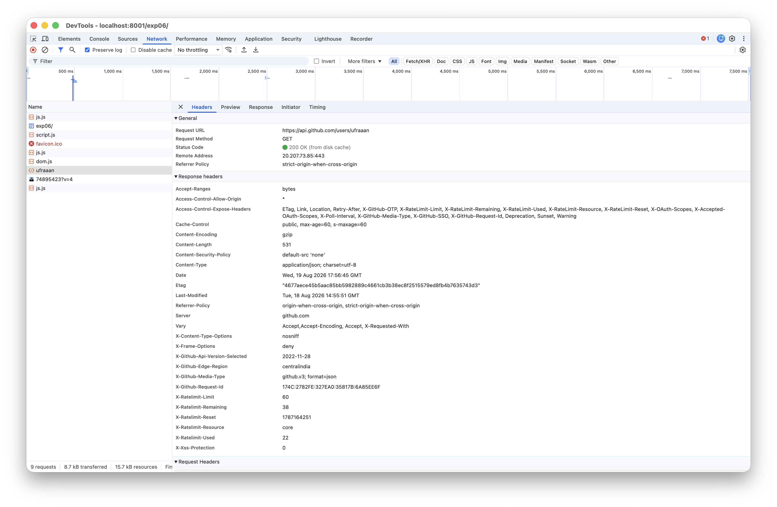 Network tab — request headers & URL