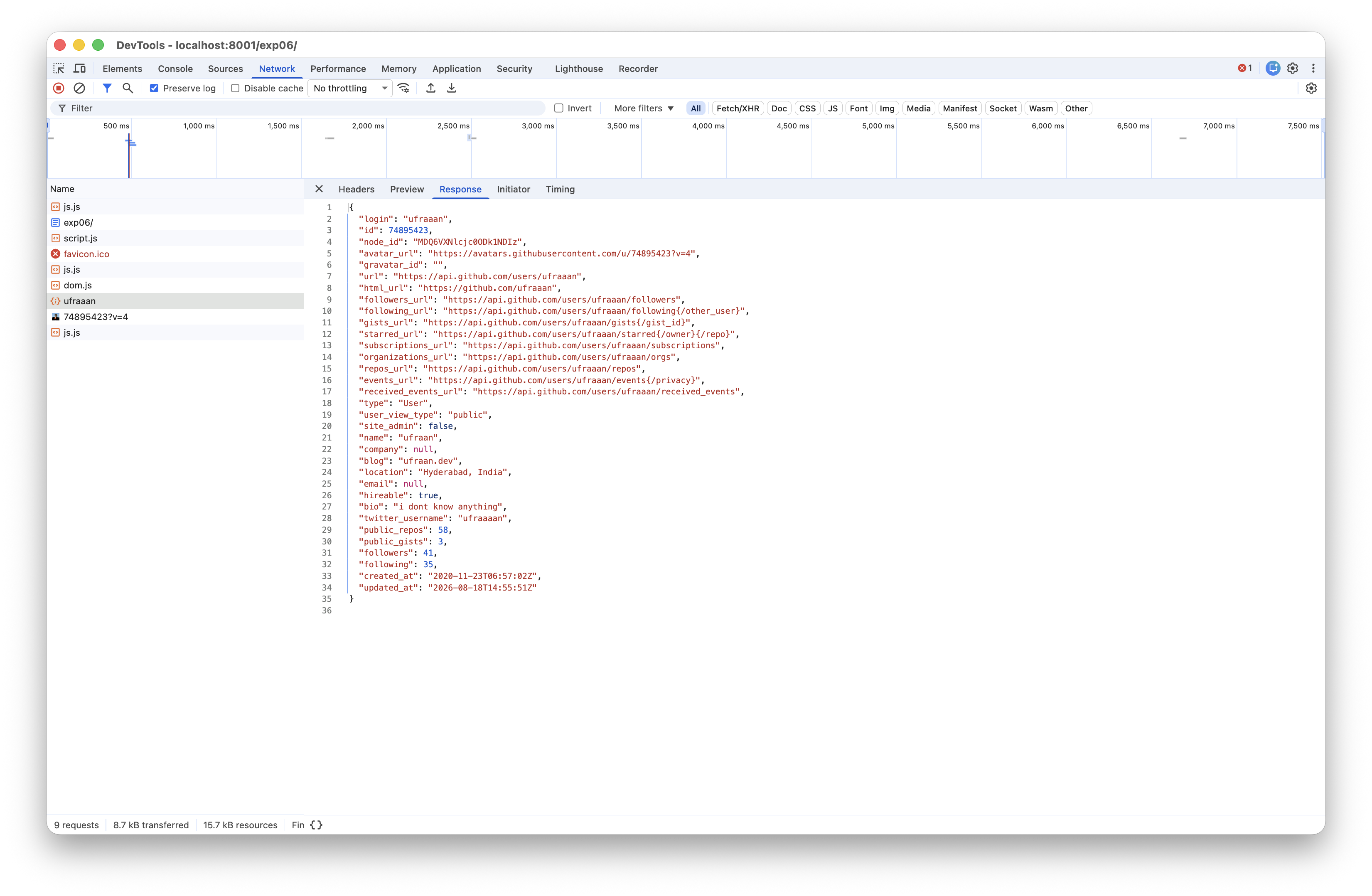 Network tab — response JSON